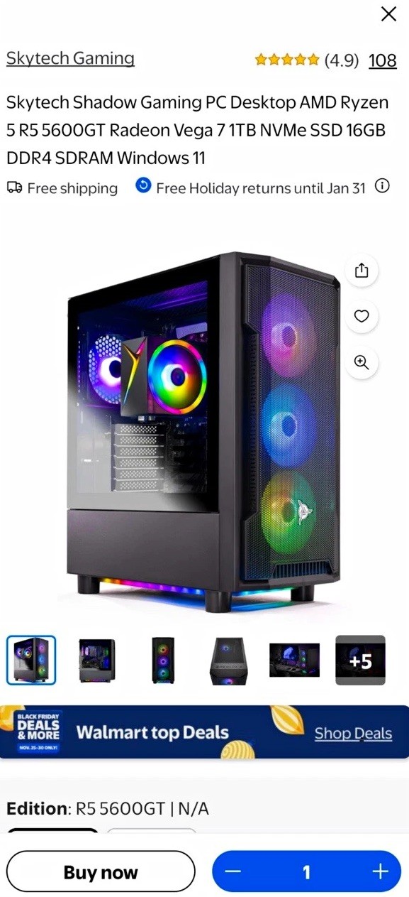Skytech Gaming Shadow Ryzen 5 5600GT 16GB 1TB SSD Vega 7 RGB Win 11
