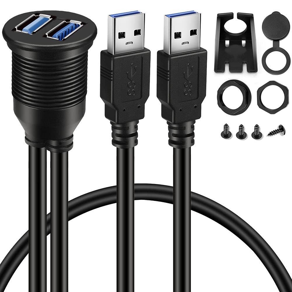 BATIGE 2 Ports Dual USB 3.0 Male to USB 3.0 Female AUX Flush Mount Car Mount ...