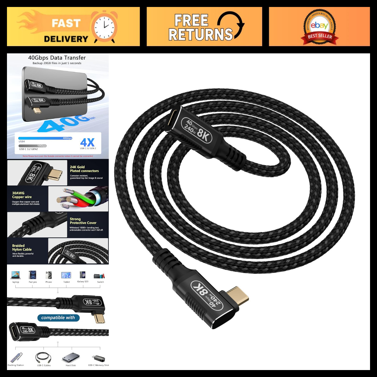 90° Right Angle USB C Extender 3.3FT, 40Gbps Data, 240W Charging, 8K Video