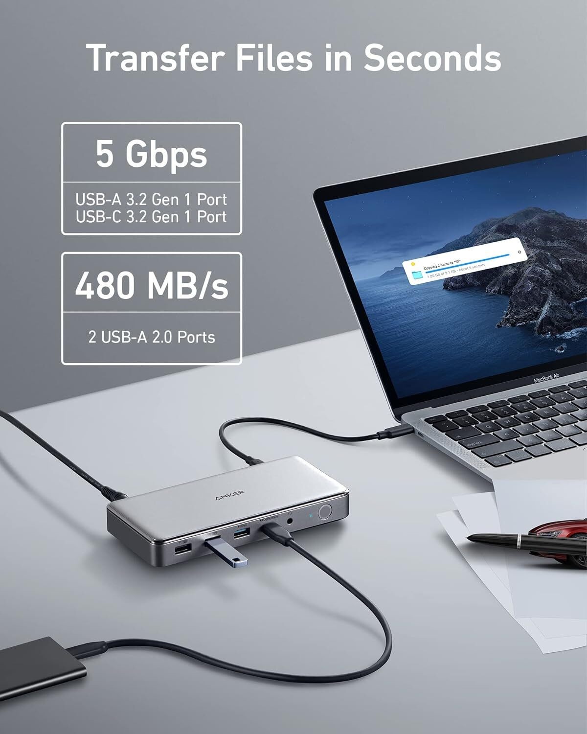 Anker 563 A8395 USB-C Docking Station 10-in-1 Dual HDMI DisplayPort Gray w/ Powe