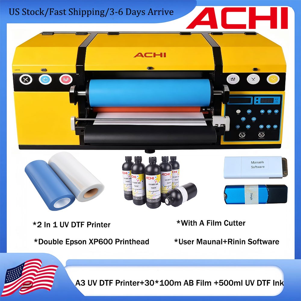 【US】ACHI A3 2 In 1 UV DTF Printer Laminat Sticker Printer Varnish Transfer Print