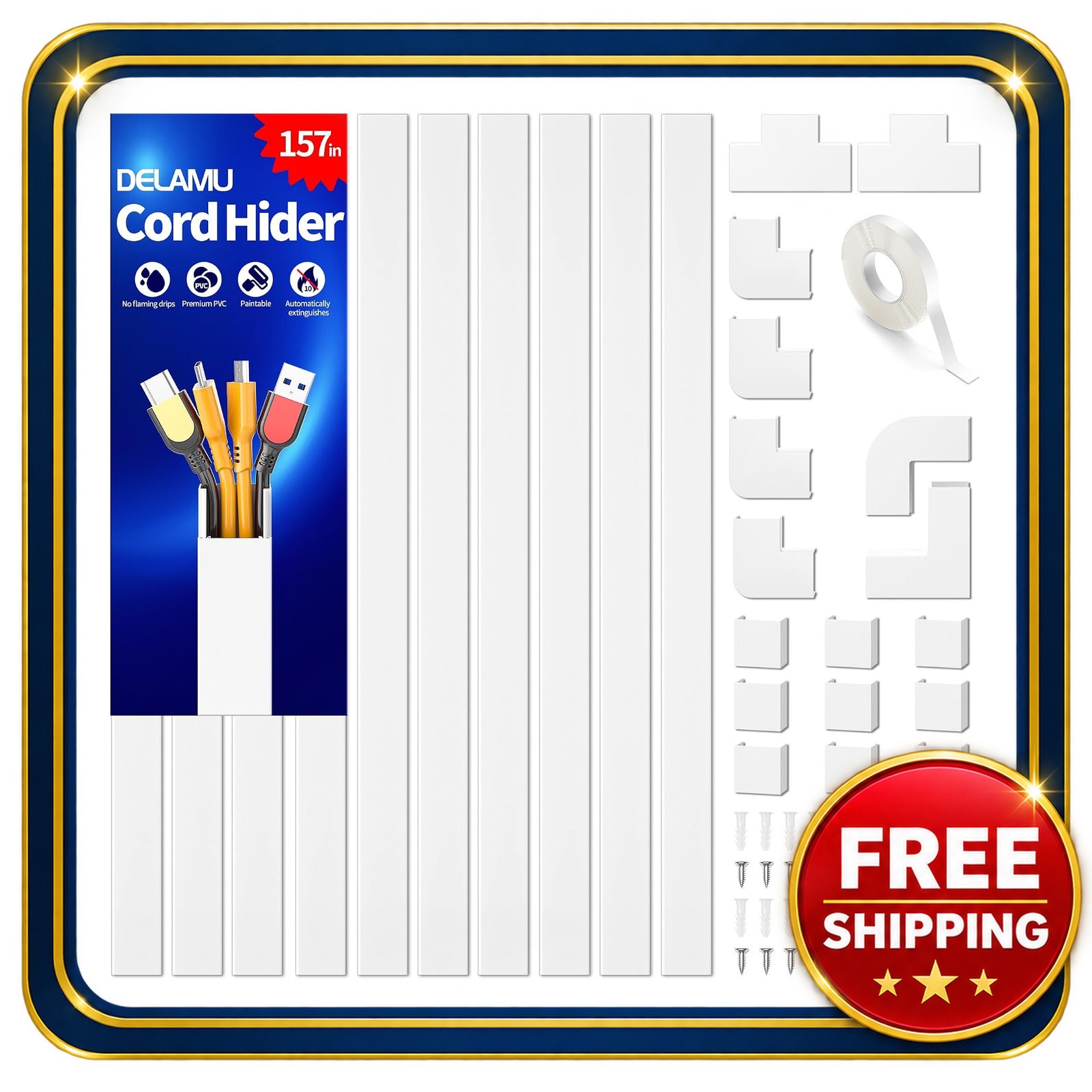 Delamu 157in Cord Hider Wall Cable Cover for Wires on Wall