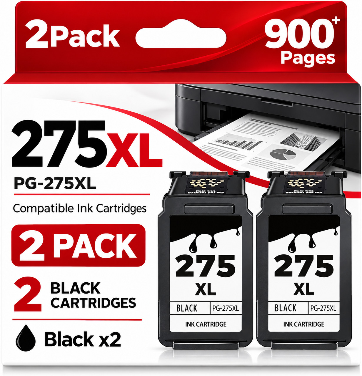 2 Pack PG-275XL Black Ink Cartridges For Canon PIXMA TS3522 TS3722 TR4722