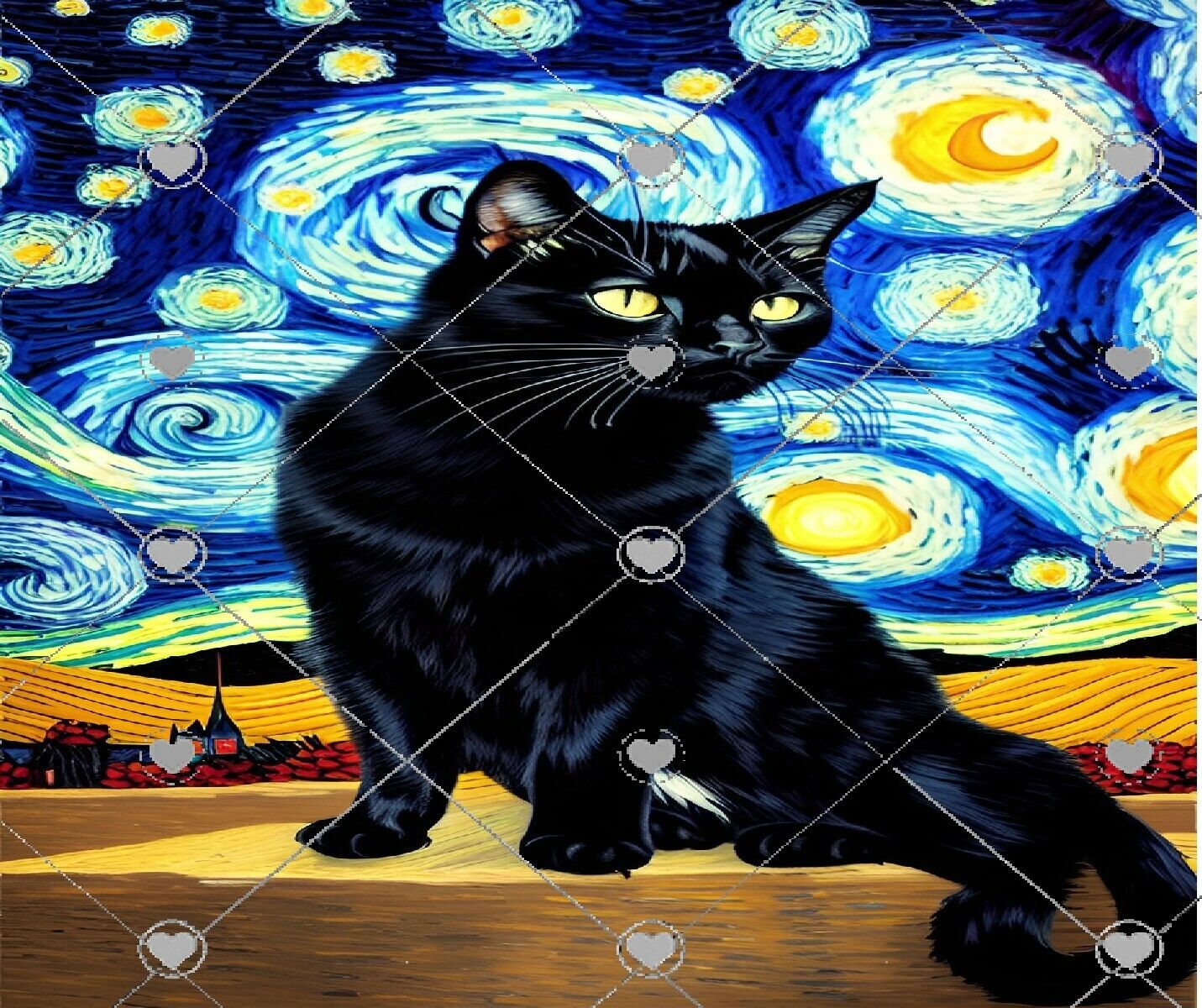 BLACK CAT STARRY NIGHT VAN  GOGH STYLE  COMPUTER MOUSE PAD  9 x 7