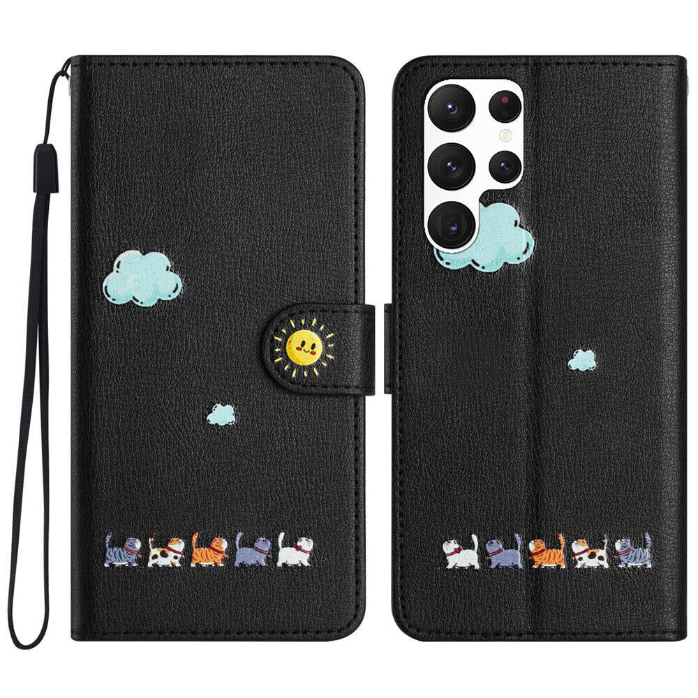 Strap Flip Leather Cat Wallet Cover Case For S25 S24 S23 FE S22 S20 S21 Ultra