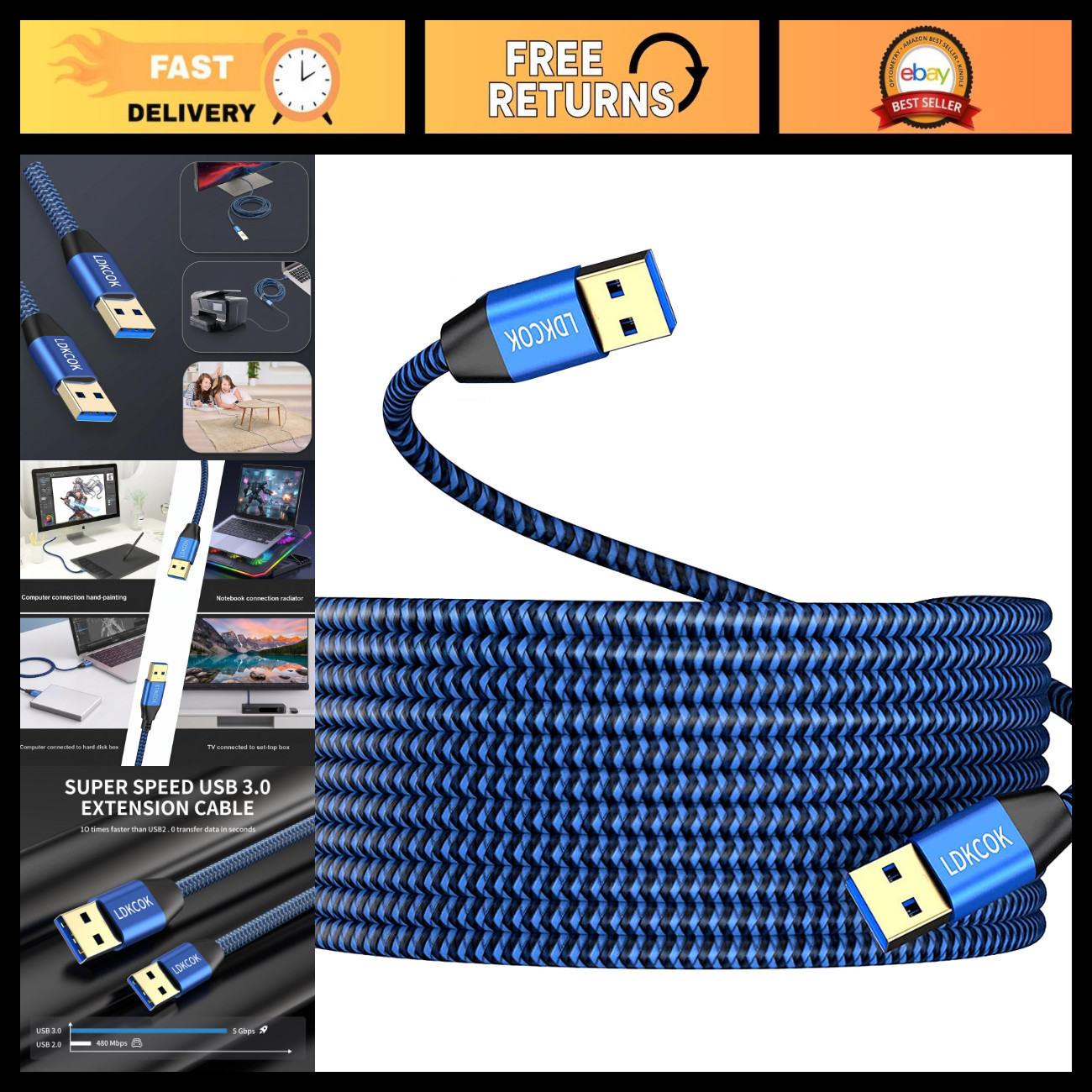 15FT USB 3.0 Male to Male Cable, Durable Braided Data Transfer for Hard Drives,
