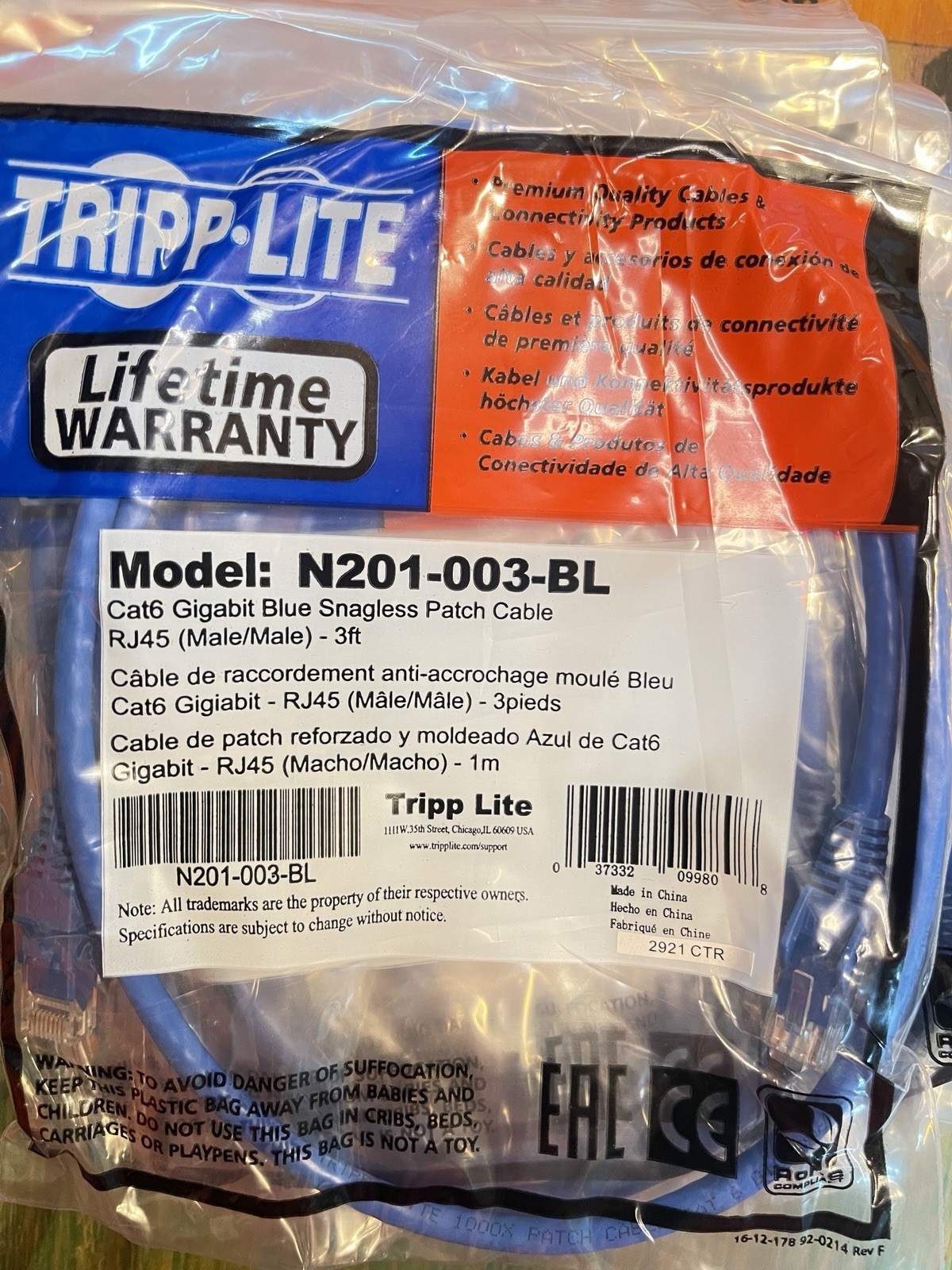 Tripp-Lite N201-003-BL Cat6 Gigabit Blue Snagless Patch Cable 3ft Lot Of 9 Packa