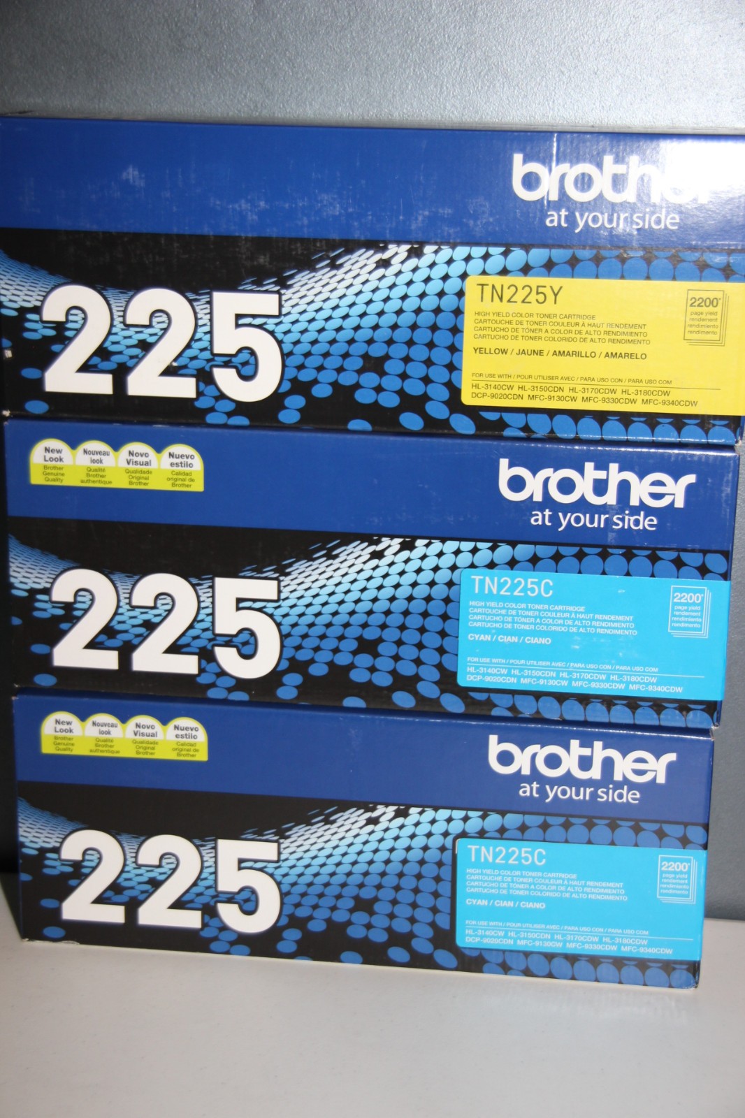 3-Pack Genuine Brother 225 TN225 Toner Cartridges - 2 x Cyan, 1 x Yellow