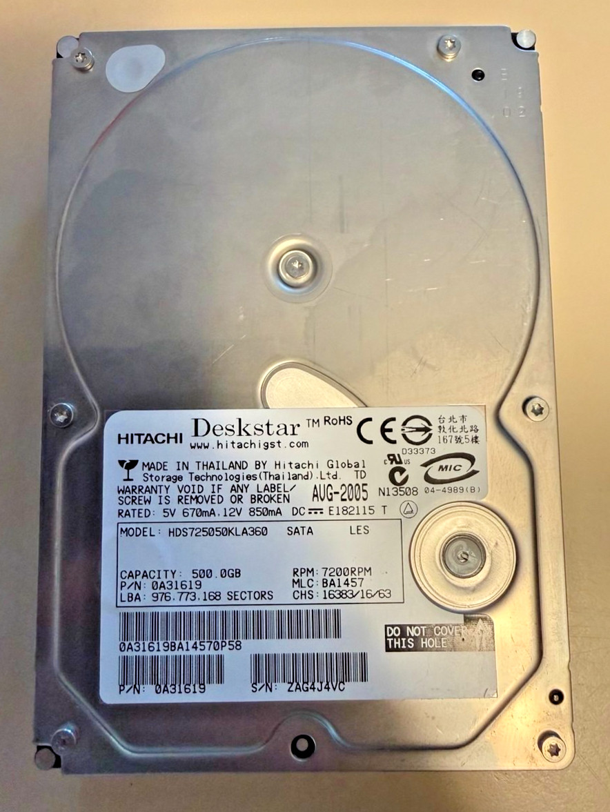Hitachi Deskstar 7K500 500GB 3.5" SATA HDD HDS725050KLA360 Wiped & Tested
