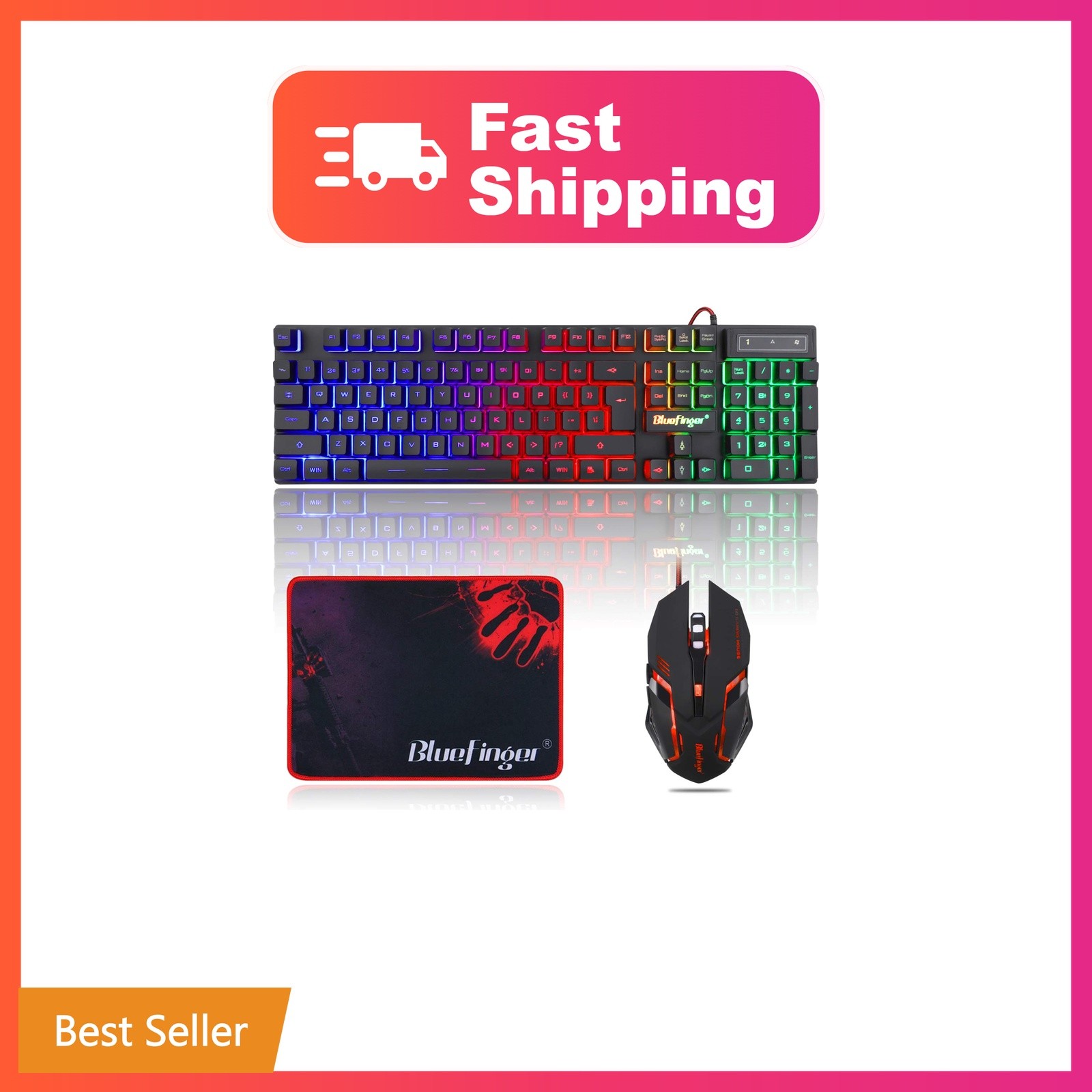BlueFinger RGB Gaming Keyboard and Backlit Mouse Combo, USB Wired, LED Gaming...
