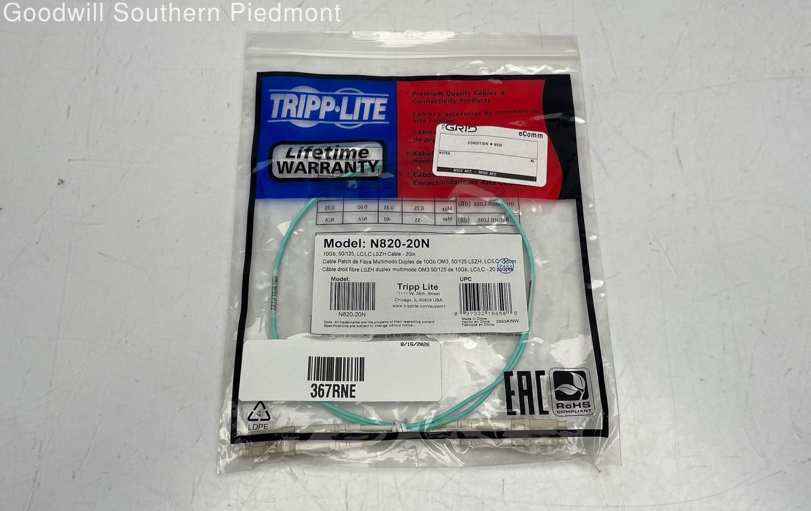 Tripp Lite N820-20N 10Gb 50/125 LC/LC Fiber Optic Cable 20in - New (#367RNE)