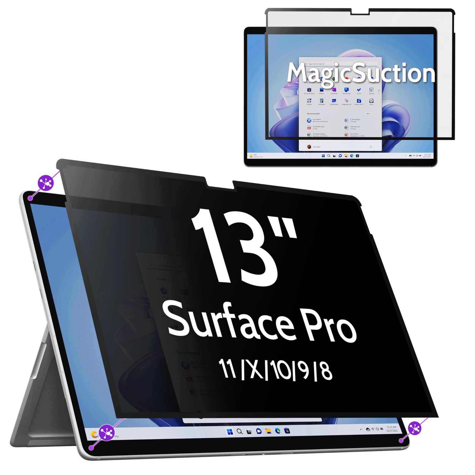 Peslv Nano‑Suction Surface Pro 13" 11/10/X/9/8, black privacy for surface