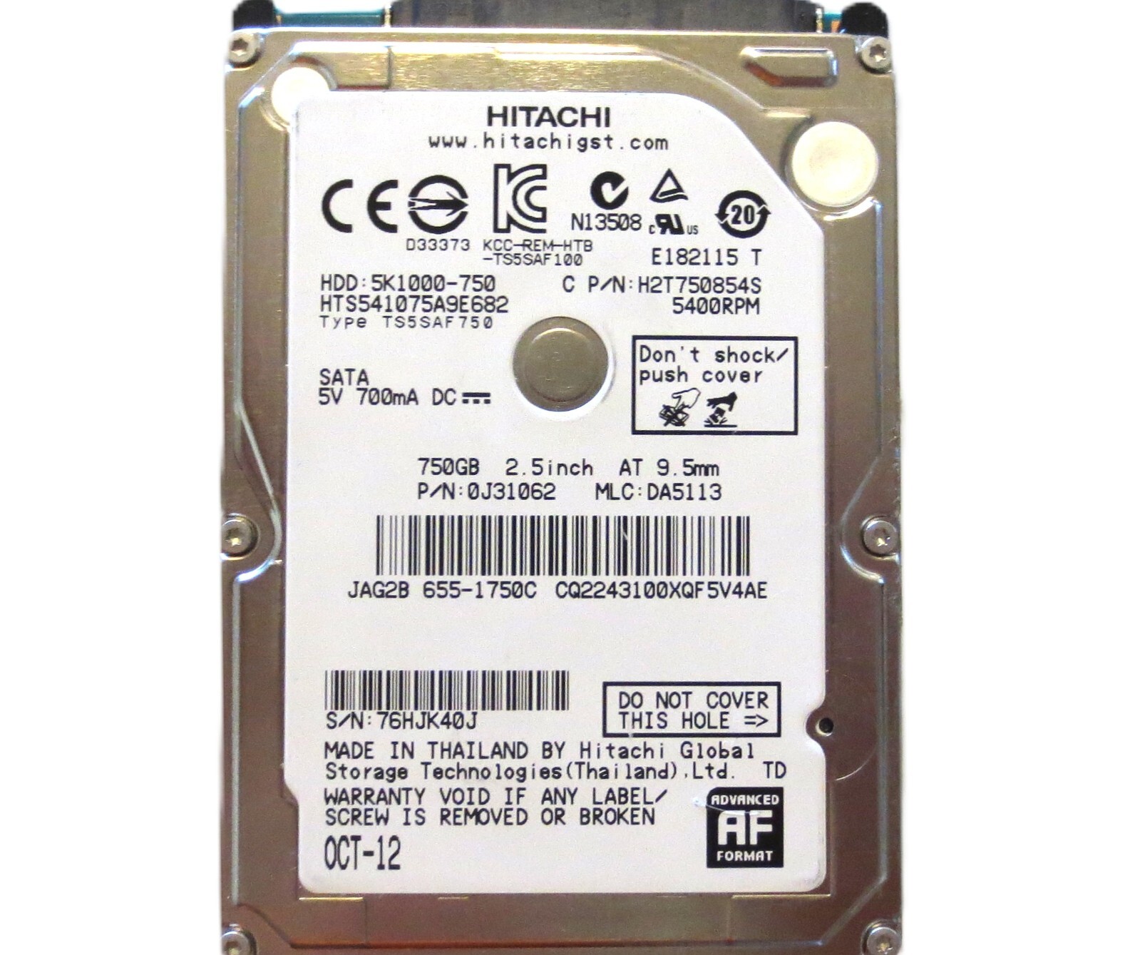 Hitachi HTS541075A9E682 0J31062 DA5113 (76H) Thailand 750gb 2.5" Sata OCT-12