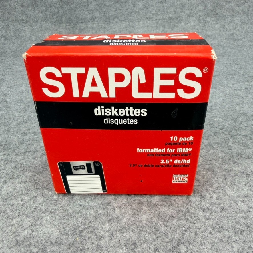 Vintage Staples 3.5” Floppy Diskettes 10 Pack DS/HD IBM 1.44MB Factory Sealed
