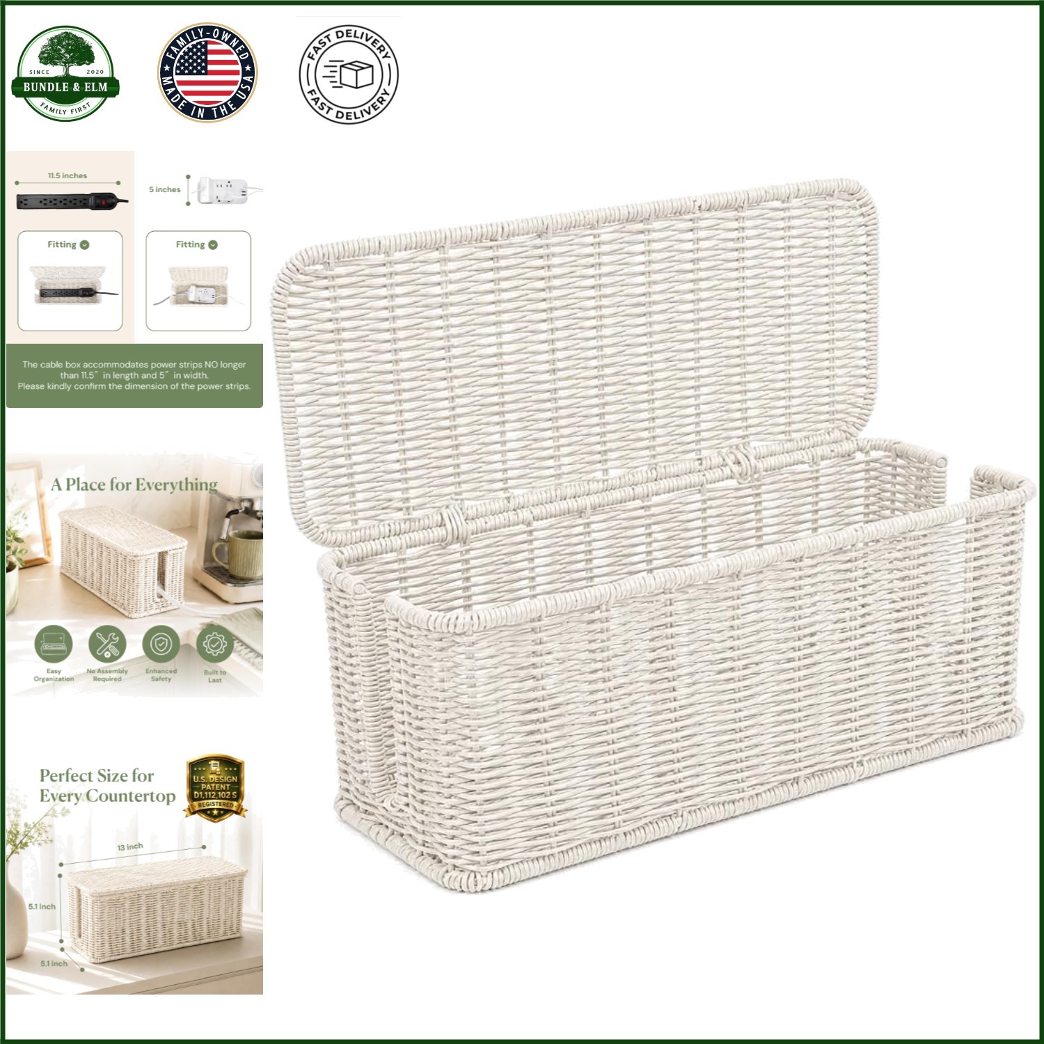 Handmade Rattan Cable Management Box for Organizing Power Strips and Cords