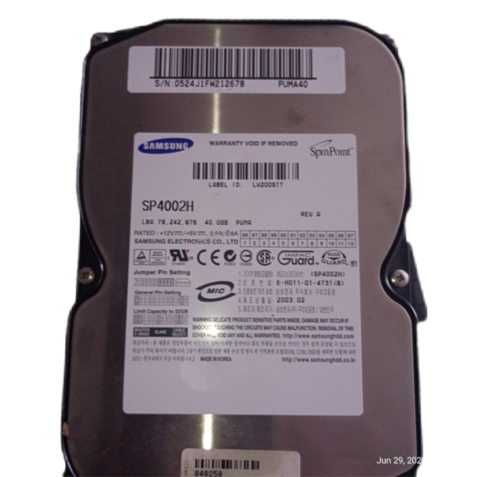 Samsung SP4002H REV.A Spinpoint Hard Drive 40GB