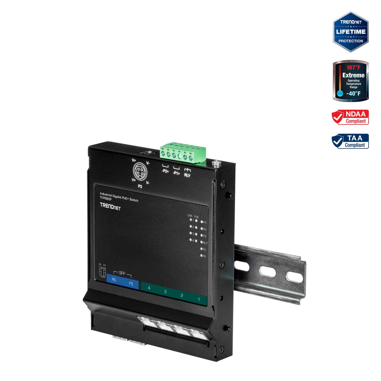 TRENDnet TI-PG62F 6-Port Industrial Gigabit PoE+ Wall-Mounted Front Access