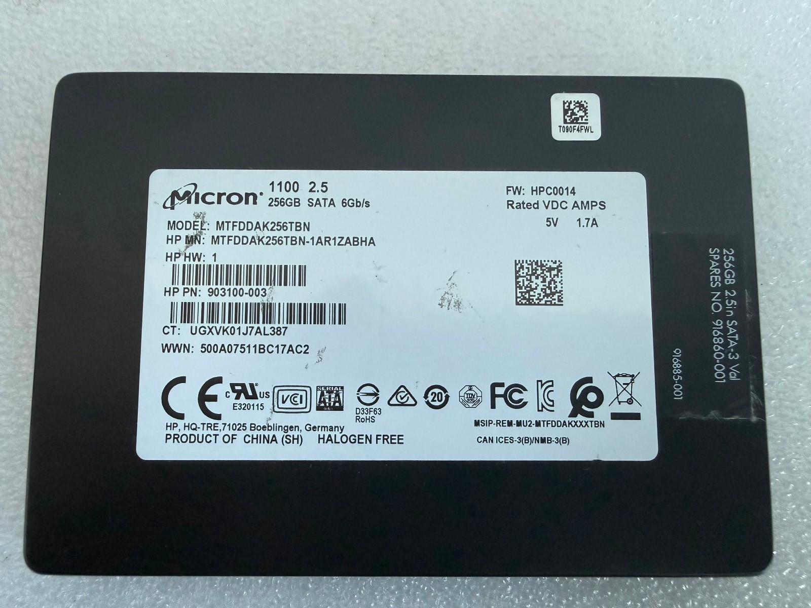 Micron 1100 256GB 2.5-inch SATA SSD MTFDDAK256TBN HP OEM 903100-003
