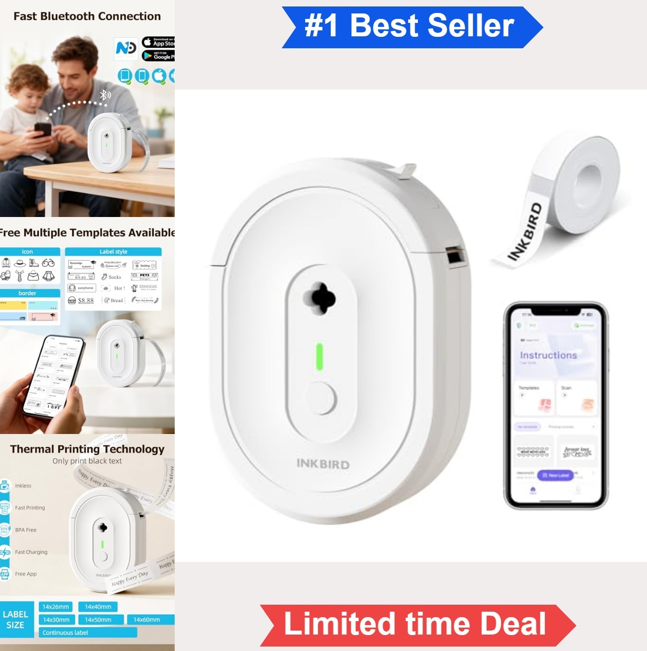 Mini Bluetooth Label Printer Thermal Inkless Portable Type-C Rechargeable Label