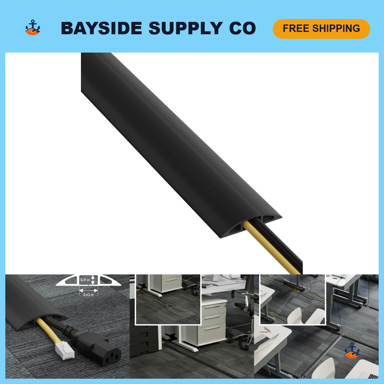 30ft Floor Cord Cover - Cable Protector & Management Solution, Prevent Trips, Bl