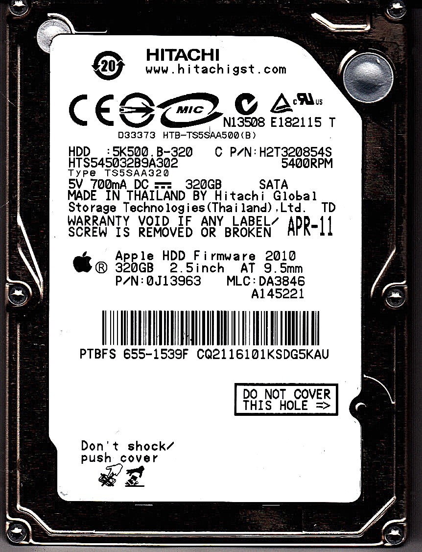 HTS545032B9A302 pn: 0J13963 mlc: DA3846 apple: 655-1539F 320GB SATA 2.5 7405