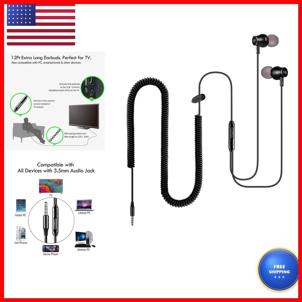 C G CHANGEEK 12Ft Extra Long Earbuds TV & PC, in-Ear Wired Headphones, 3.5mm
