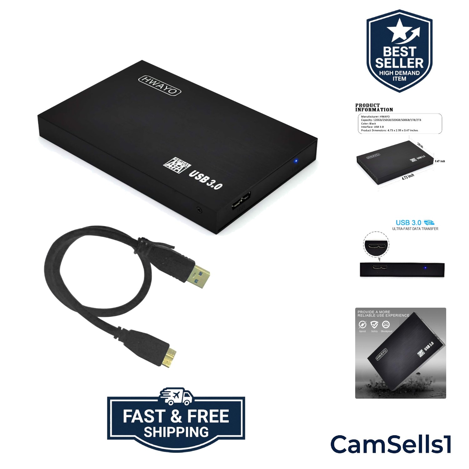 Lightweight 160GB USB 3.0 External Hard Drive - Fast Data Transfers Included