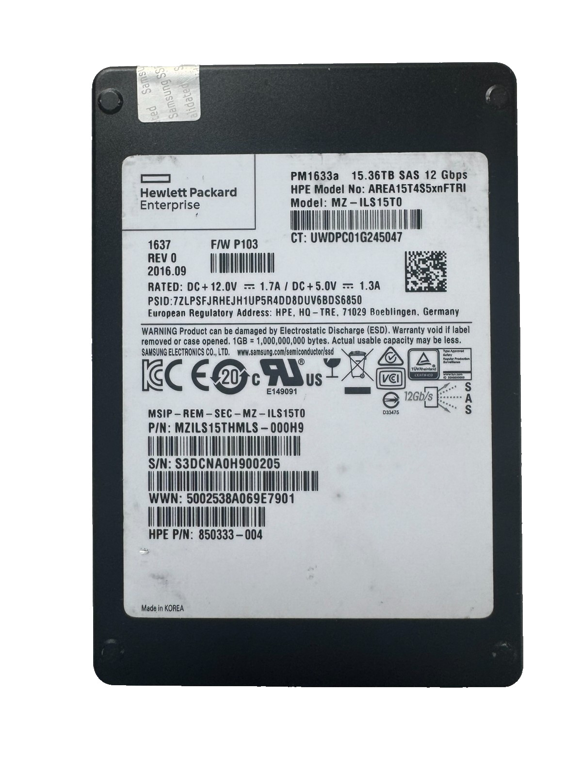HPE SAMSUNG PM1633a 15.36TB 2.5" SAS SSD 12Gbps/512b/sector/PERFECT 100% HEALTH