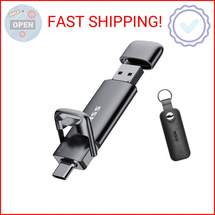 SSK 128GB Dual USB C Flash Drive,2-in-1 Type C+ USB A 3.2 Gen2 Solid State Thumb
