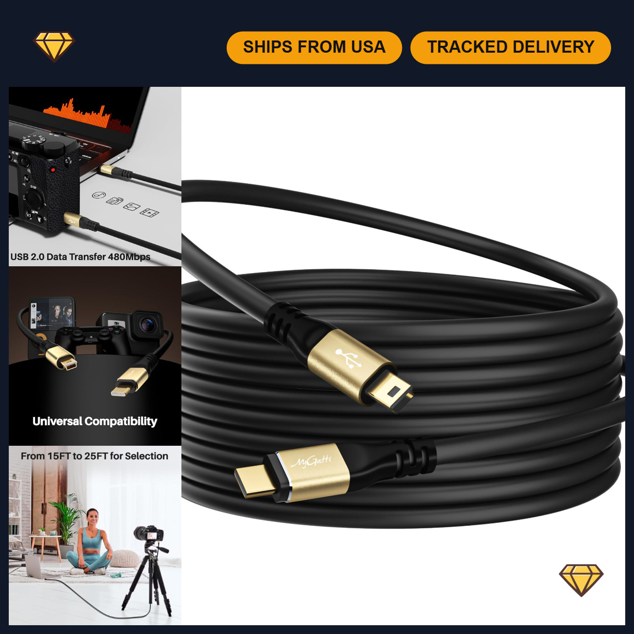 25FT USB C to Mini USB Cable, Extra Long 5-Pin Type 2.0 Charging Cord