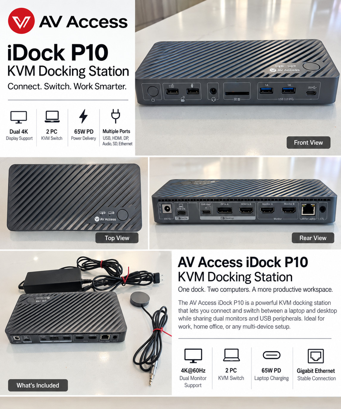 AV Access iDock P10 KVM Docking Station Dual 4K60 Monitor 2 PC 65W PD USB-C