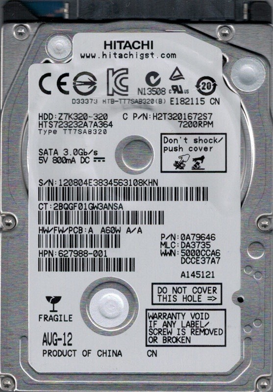 Hitachi HTS723232A7A364 MLC: DA3735 P/N: 0A79646 320GB Laptop Hard Drive
