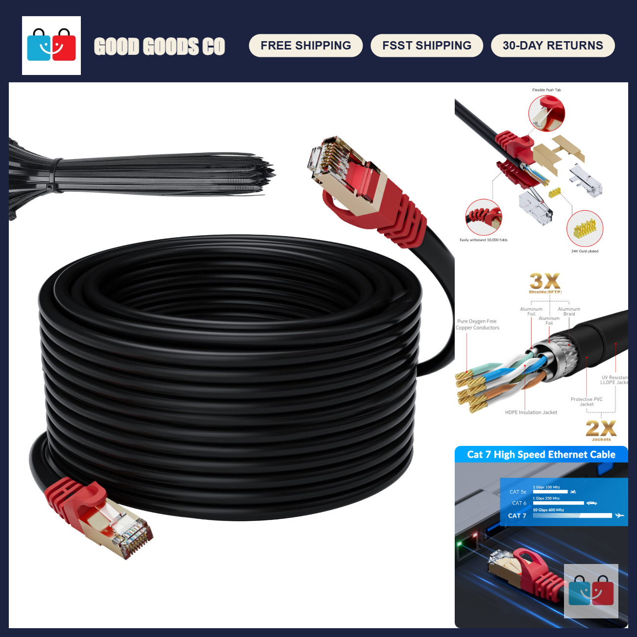 250FT Cat 6E 7 Outdoor Ethernet Cable, 10Gbps Heavy-Duty Waterproof SFTP, POE