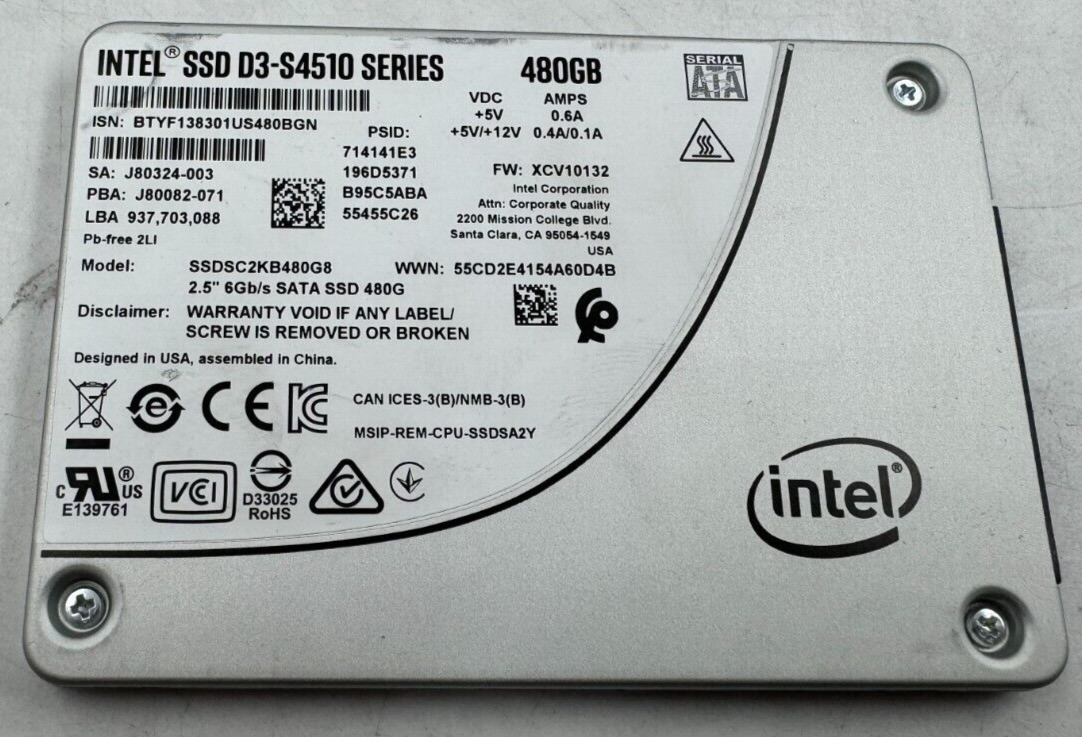 Lot of 10 x Intel D3-S4510 480GB SSD SSDSC2KB480G8 2.5