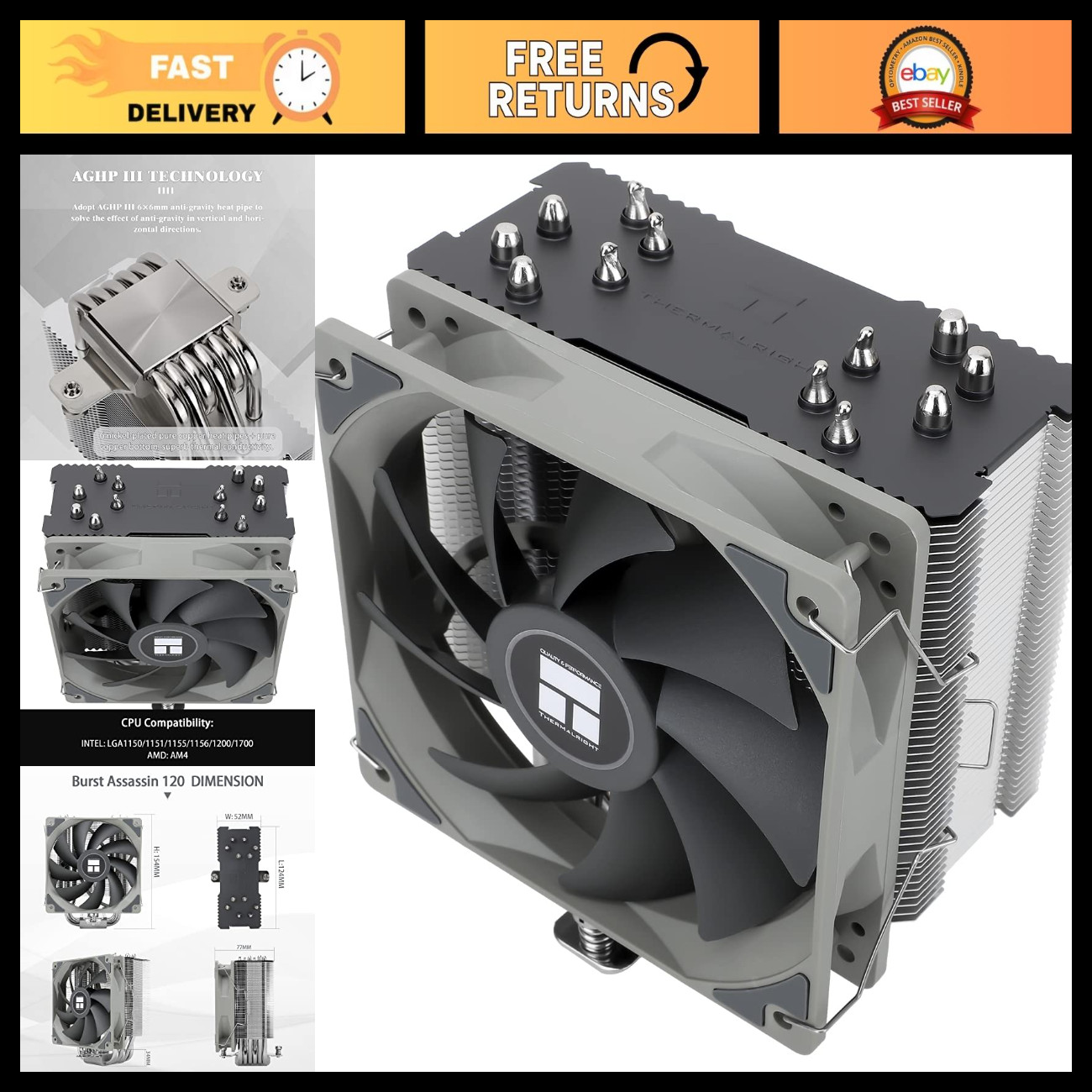 High-Performance CPU Air Cooler, 6 Heat Pipes, Quiet PWM Fan for AMD/Intel LGA