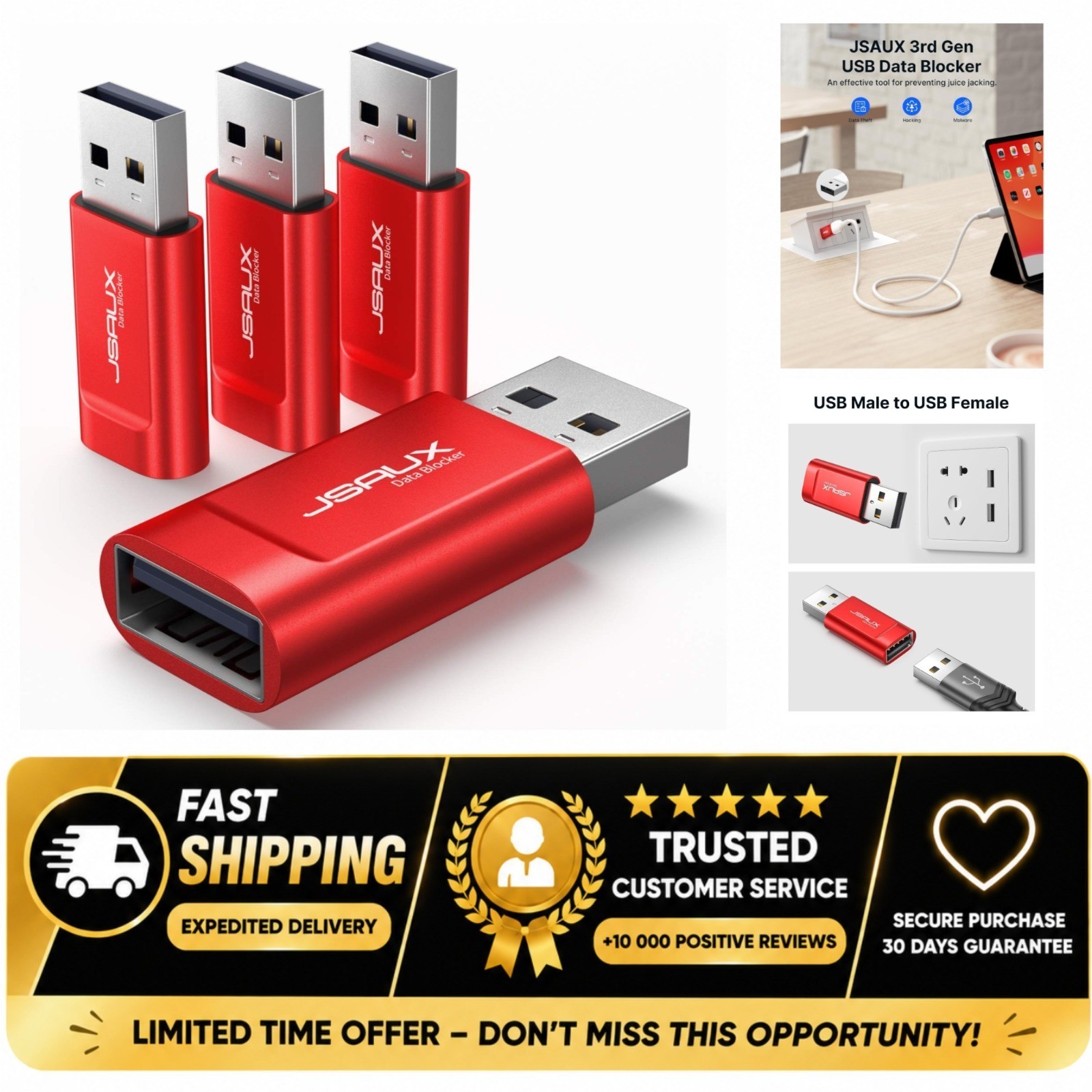 JSAUX USB Data Blocker 4-Pack USB-A Charge-Only Adapter Red