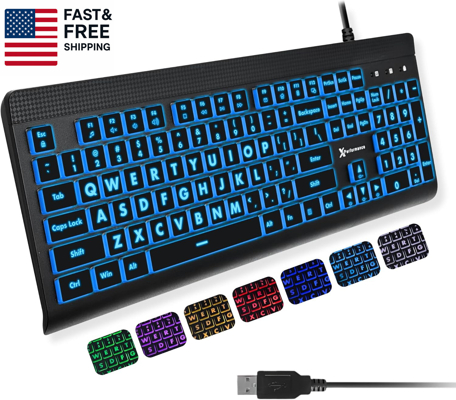 X9 Large Print Backlit Computer Keyboard - Easy to See Big Letters - Lighted USB