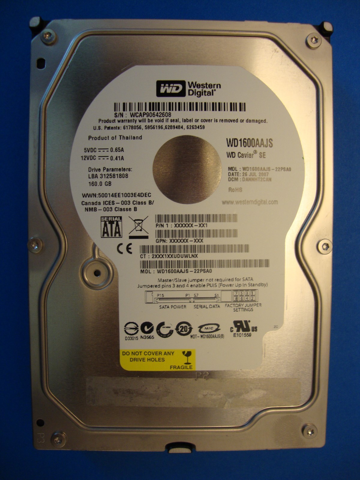 Western Digital WD1600AAJS-22PSA0 DCM:DANNHT2CAN 160GB Sata 3.5" Hard Drive 