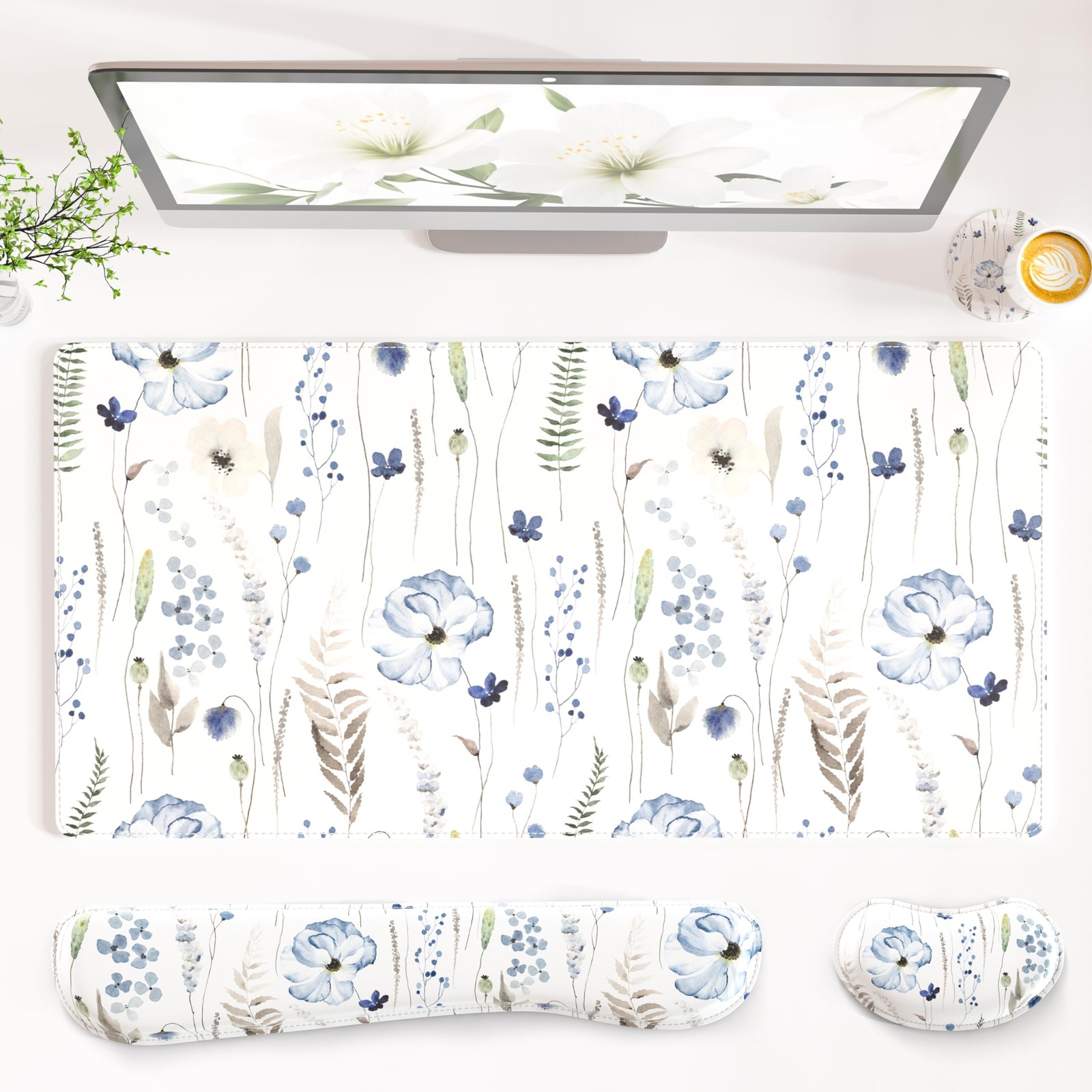 PU Leather Desk Mat Set, 4-in-1 Ergonomic Wrist Rest, Wildflowers