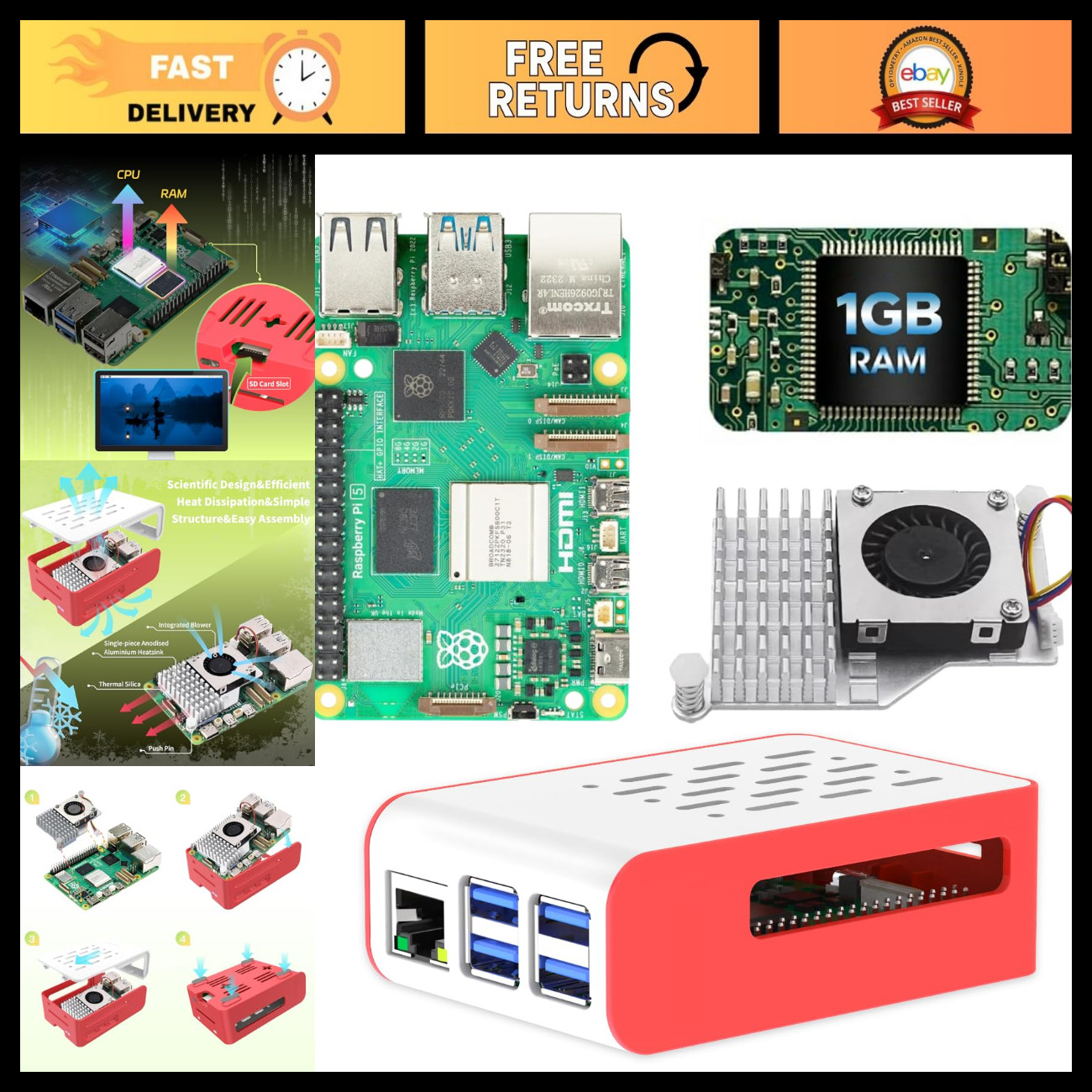 Raspberry Pi 5 Basic Kit - 1GB RAM, Case & Active Cooler - DIY Project Starter