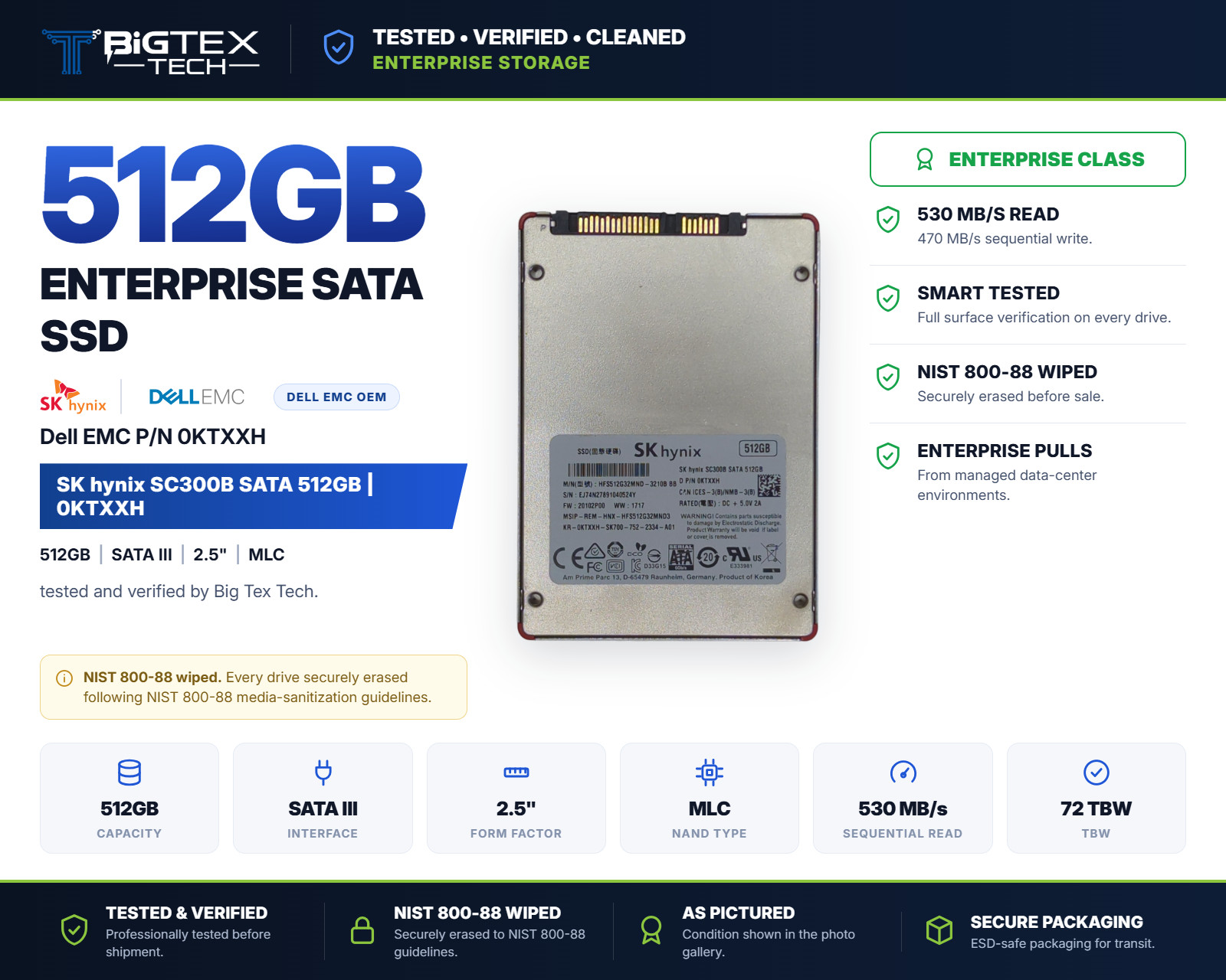 SK Hynix SC300B 512GB 2.5" SATA III MLC SSD Dell OEM 0KTXXH Internal Drive