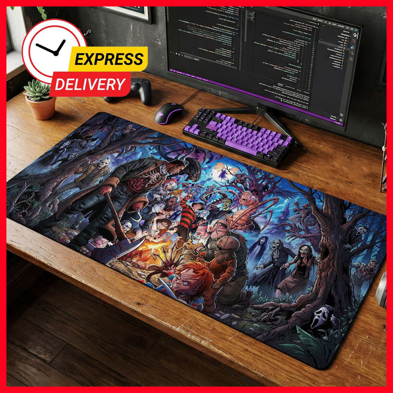 Horror Icons Campfire Mouse Pad, Slasher Villain Desk Mat, Scary Movie Art HOT36
