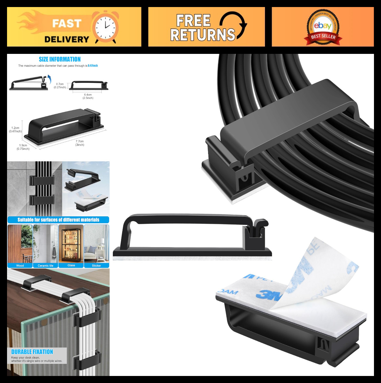 80 PCS Self-Adhesive Cable Clips - XL Black Wire Organizer for Desk, Wall, Car,
