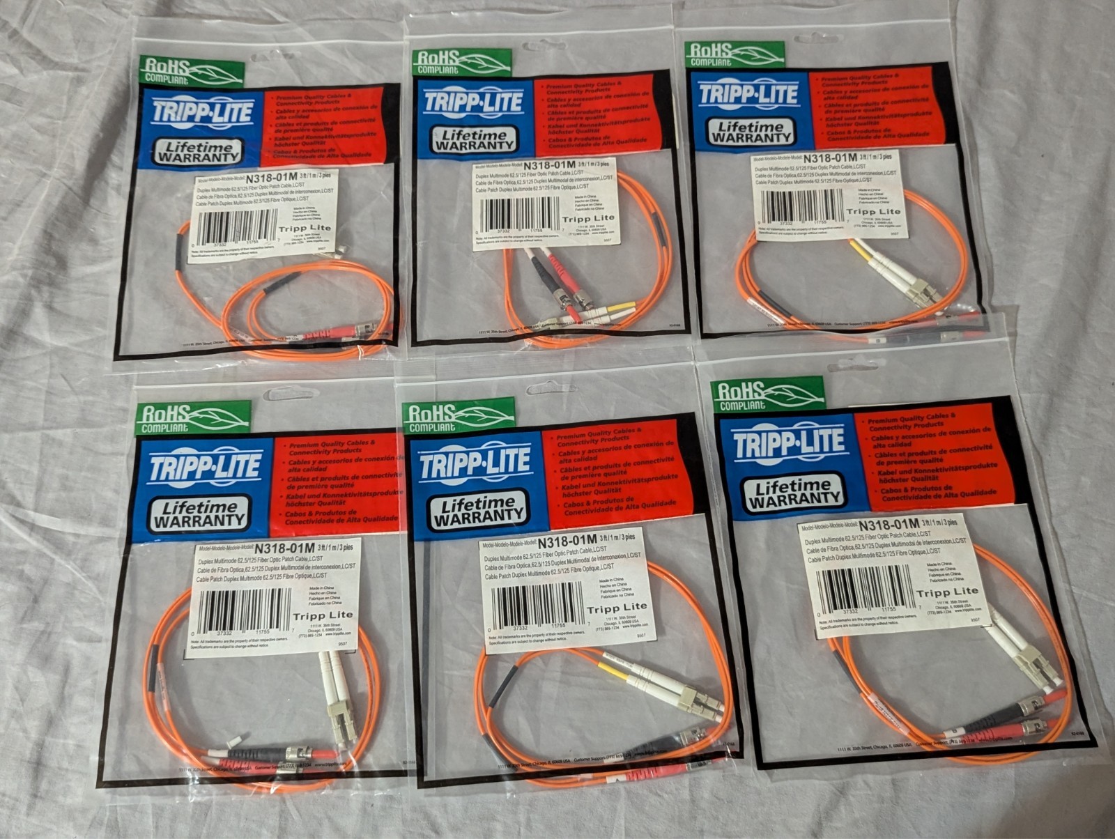 Tripp Lite – N318-01M – 1M LC/ST Fiber Cables (Lot of 2) – 62.5/125 Duplex 3ft