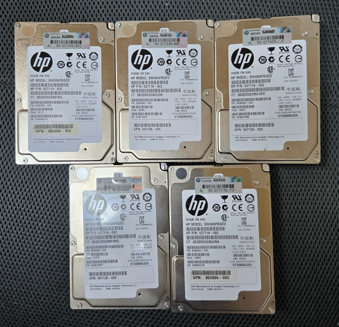 5x HP 627114-002 507129-020 300GB 15K RPM SAS 2.5" Hard Disk Drives