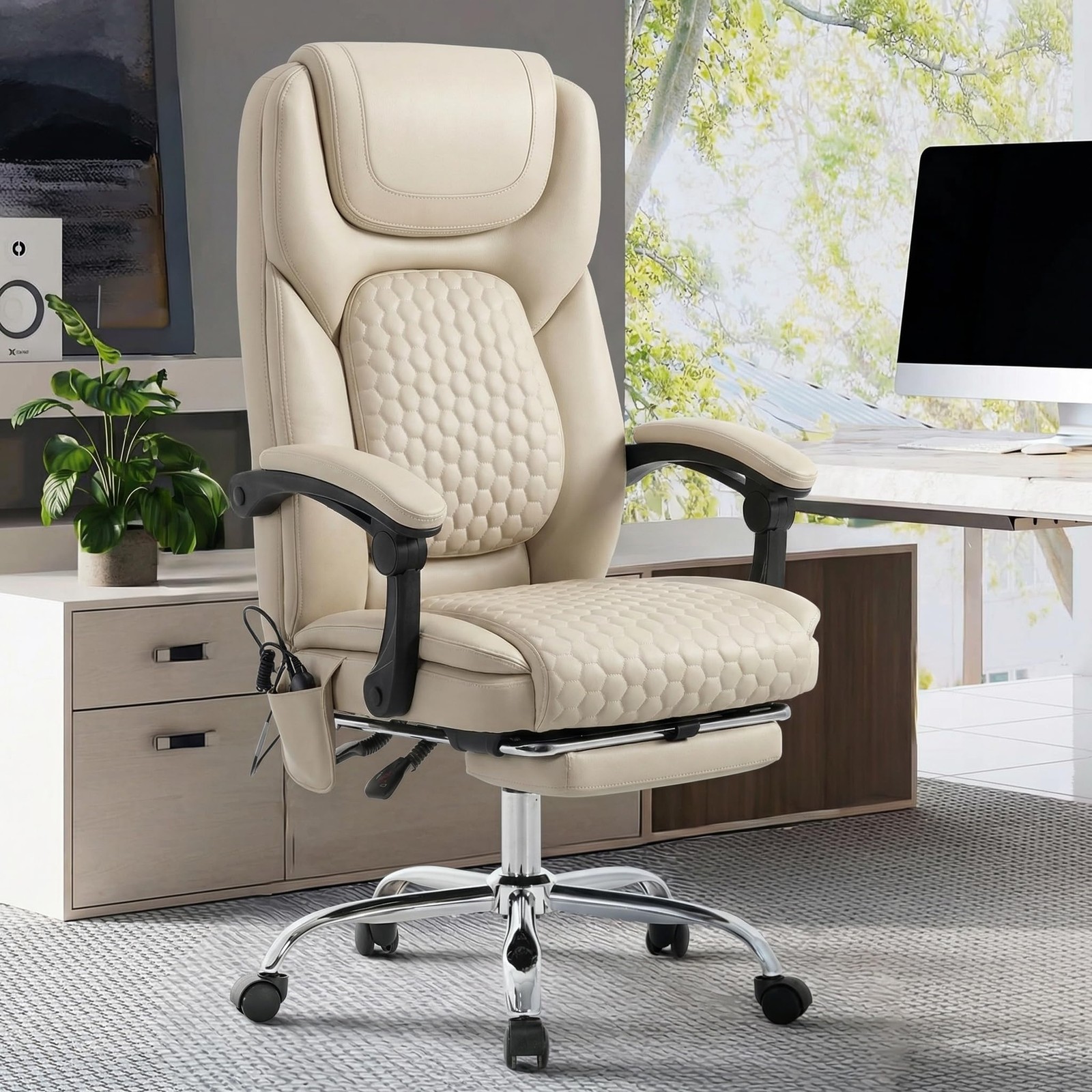 Executive Computer Chair 300 lb Capacity Massage Beige Big Tall MALOL Office