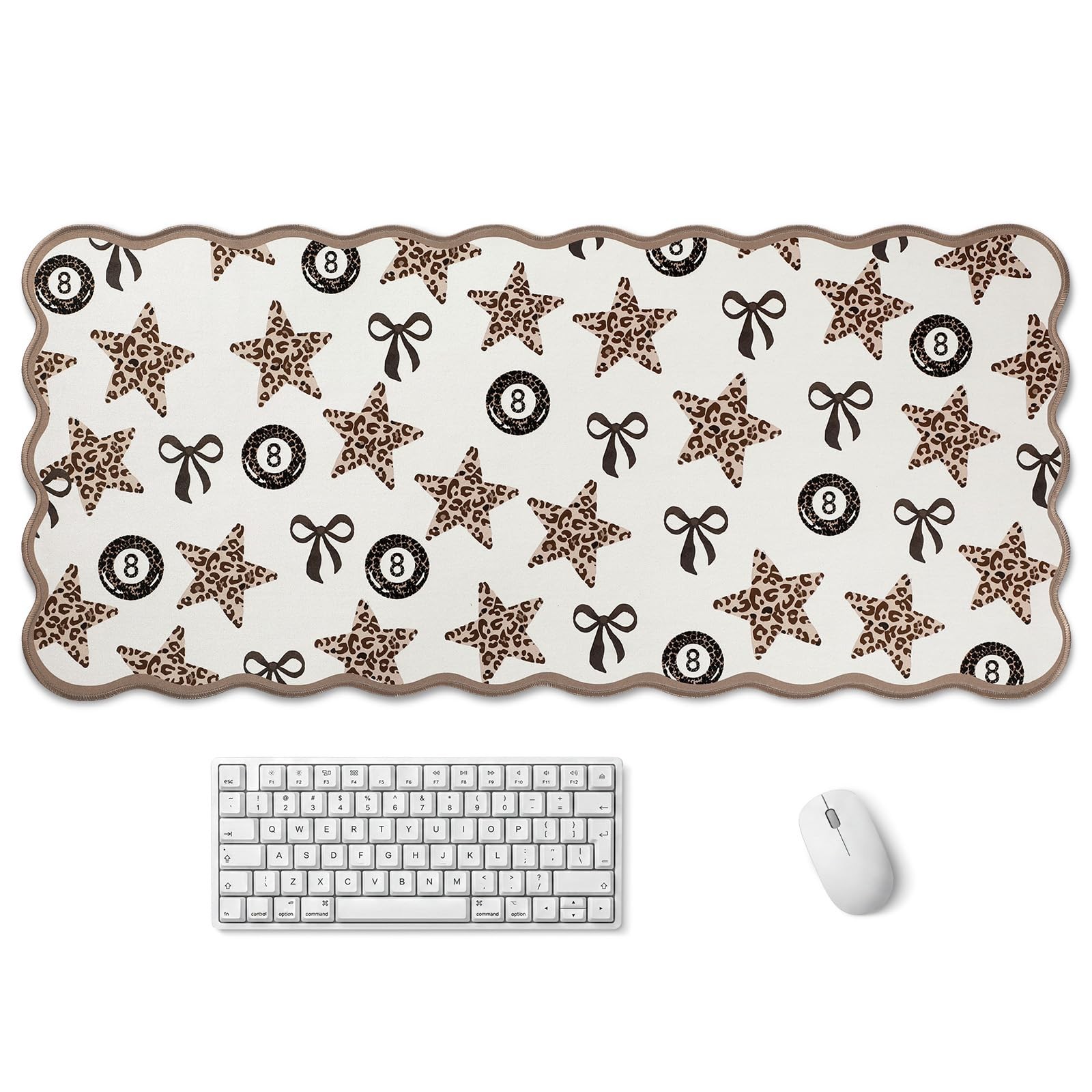 Leopard Cheetah Scalloped Desk Mat, Leopard Bow Style, Beige