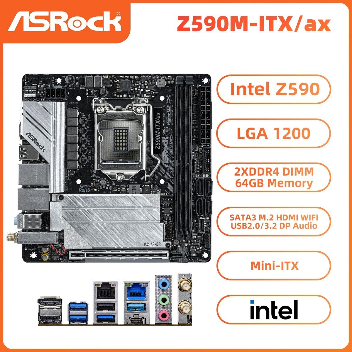 ASRock Z590M-ITX/ax Motherboard Intel Z590 LGA1200 DDR4 SATA3 M.2 HDMI DP WIFI