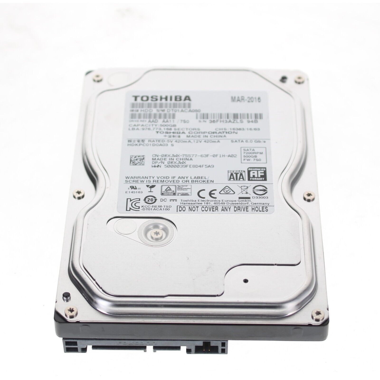 Dell RXJWX Toshiba 500GB SATA 7200RPM 6GBPS 3.5" Hard Drive DT01ACA050 w60