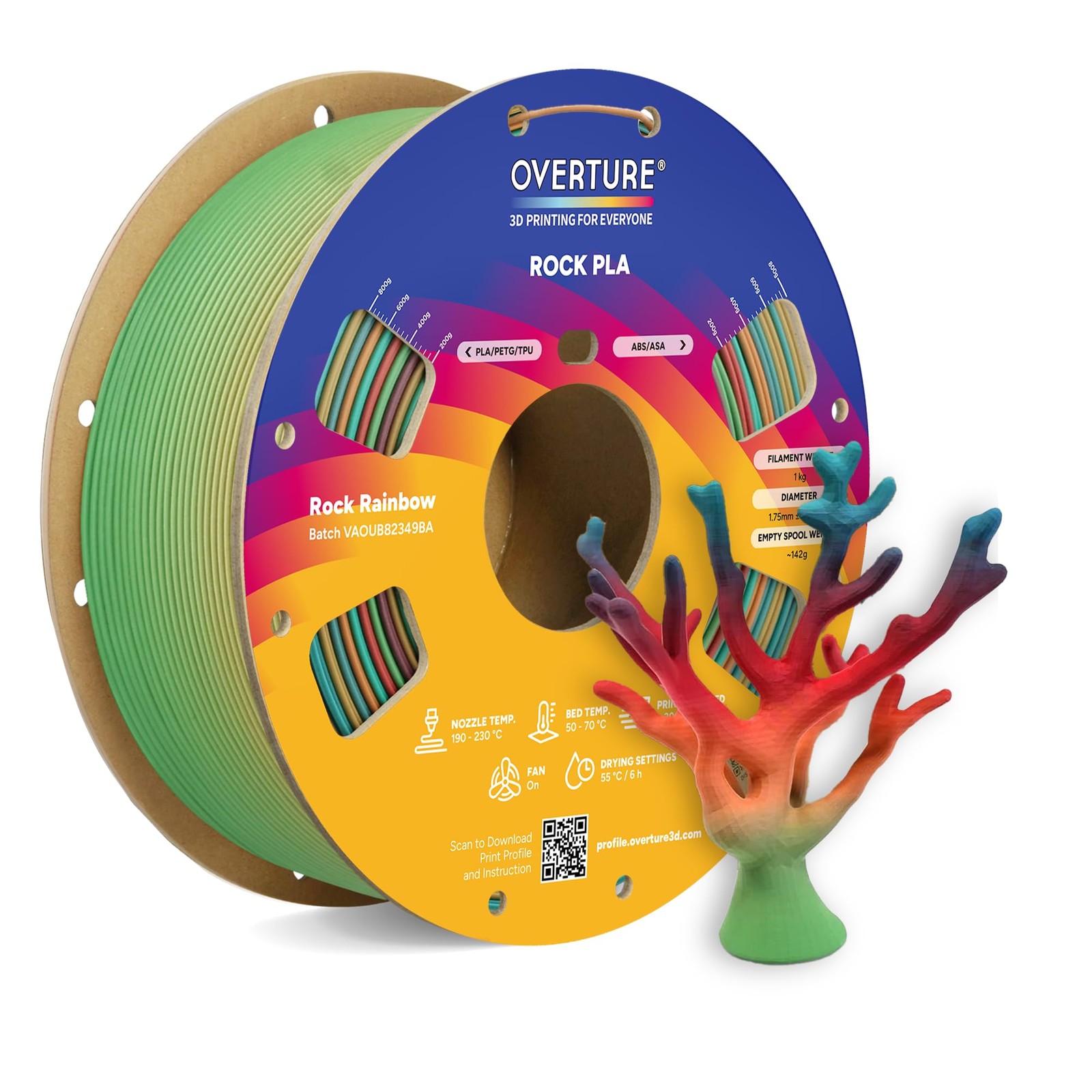 OVERTURE Rock PLA Filament 1.75mm, Marble PLA, 1kg Rock Rainbow
